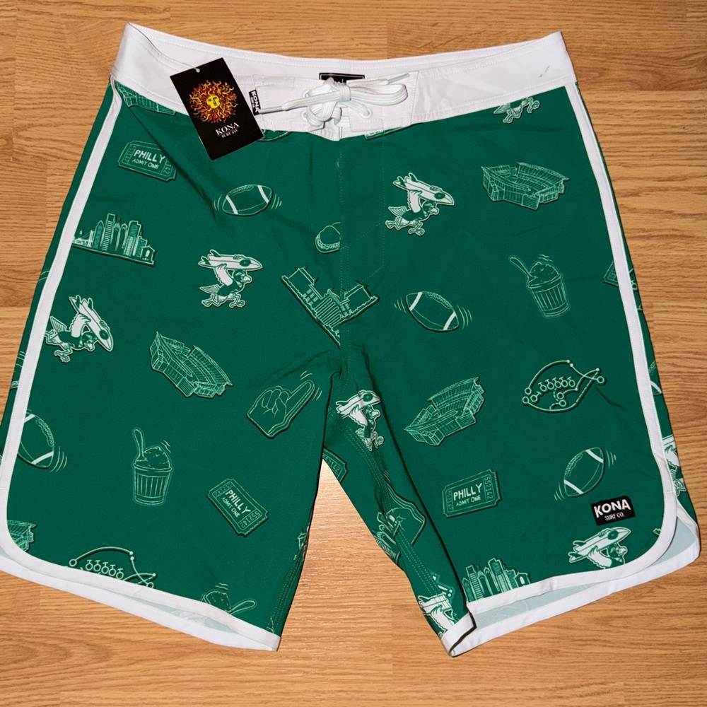 NWT Kona surf shop Kelly green “for the birds!” Swim Shorts for Men
